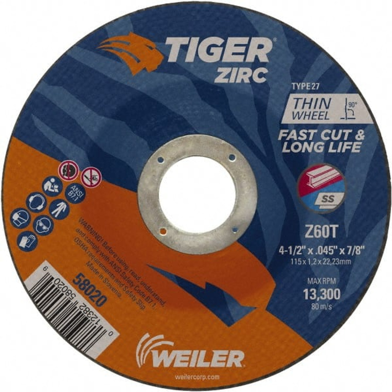 WEILER CORPORATION 58020 60 GRIT, 4-1/2" WHEEL DIAM, 7/8" ARBOR H