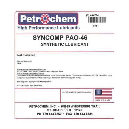 PETROCHEM SYNCOMP PAO-46-005 COMPRESSOR OIL 5GAL PAIL POLYALPHAOLEFIN