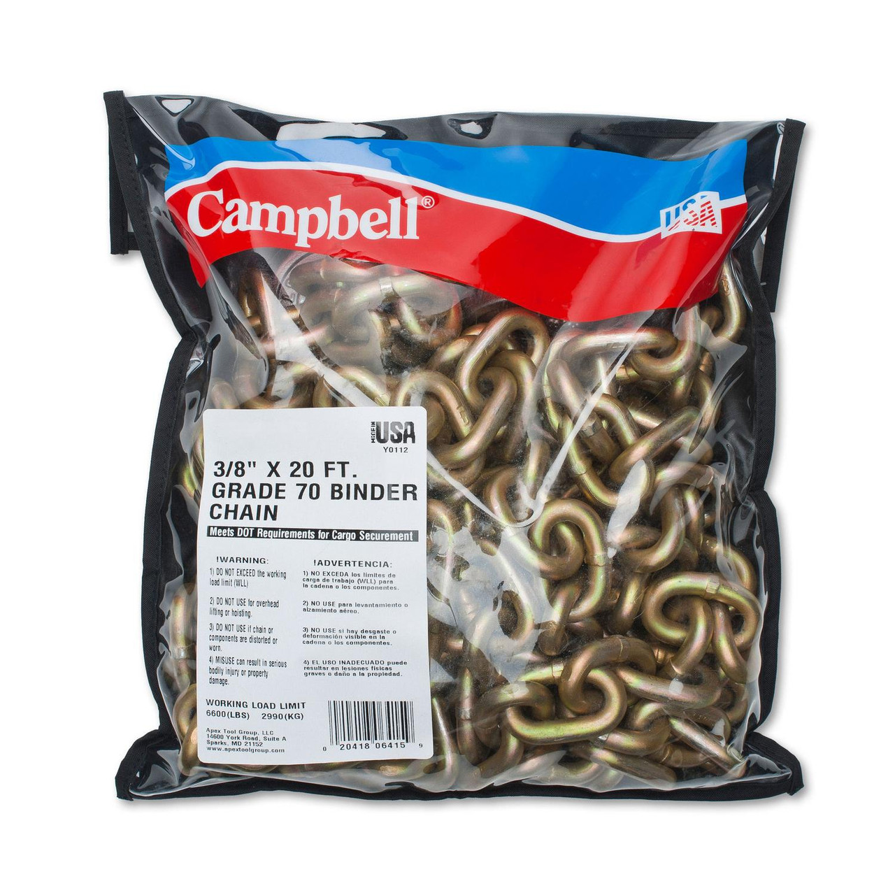 APEX TOOL GROUP T0513678 BINDER CHAIN, CLEVIS HOOK, PAIL, 3/8-IN.