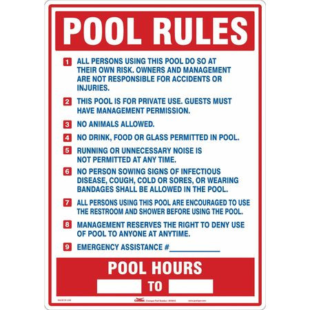 CONDOR USA INC 444M44 SAFETY POOL RULES SIGN 28 H 20 W