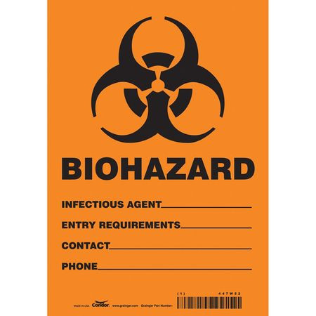 CONDOR USA INC 447W52 BIOHAZARD SIGN 7 W 10 H 0.004 THICK