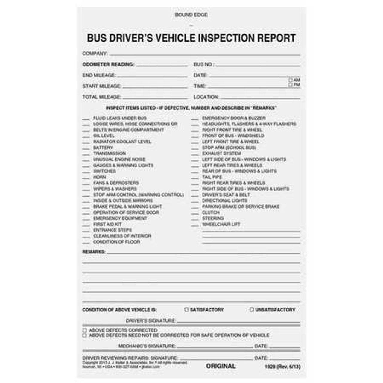 JJ KELLER 1928 BUS DRIVER VEHICLE INSPECTION REPORT