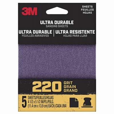 3M 1/4SHT5PK220 ULTRA DURABLE SANDING SHEET, 220-GRIT, 1