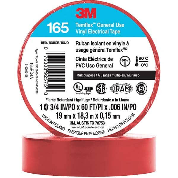 3M 7100169492 VINYL ELECTRICAL TAPE 165, RED, 3/4"X60'
