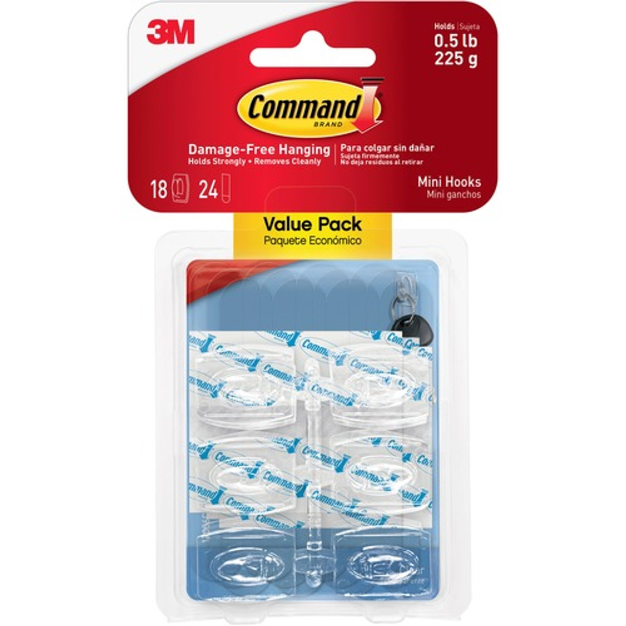 3M 17006CLRVP MINI HOOKS W/ADHESIVE STRIP,18/PK,CLEAR