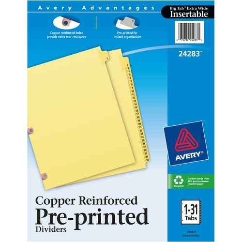 AVERY 24283 TAB DIVIDERS, 1-31, 31 TAB, BUFF