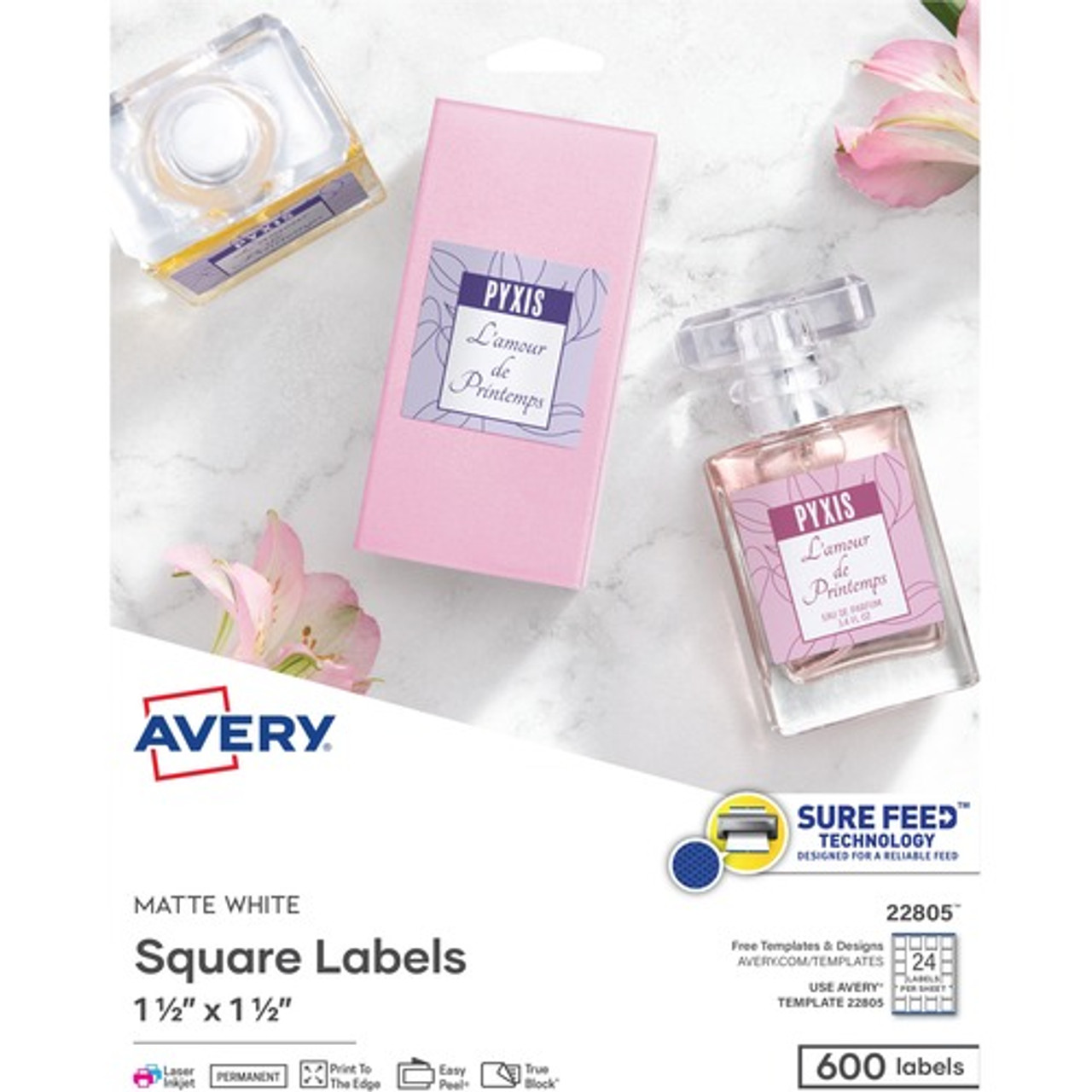AVERY 22805 PEEL LABELS, 1 1/2 X 1 1/2,WHITE, 600/PK