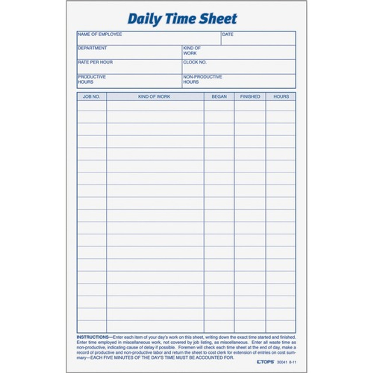 TOPS MANUFACTURING CO. 30041 DAILY TIME AND JOB SHEETS,2/PACK