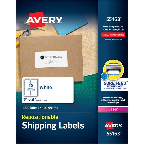 AVERY 55163 SHIPPING LABELS, 2 X 4, WHITE, 1000/BOX
