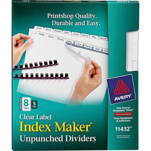 AVERY 11432 INDEX MAKER, 8 TAB,LETTER,WHITE, 5 SETS