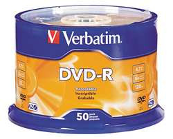 VERBATIM VER95101 DVD-R DISC,SILVER,4.7GB CAP.,PK50