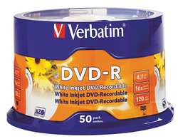 VERBATIM VER95079 DVD-R DISC,WHITE,4.7GB CAP.,PK50