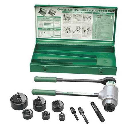 GREENLEE TEXTRON 1904 RATCHET PUNCH DRIVER KIT W/ 3 STUDS,CASE