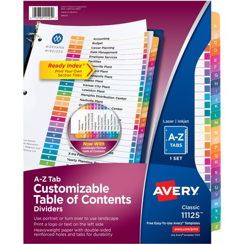 AVERY 11125 INDEX DIVIDERS,CONTENTS,26 TAB,3HP,A-Z
