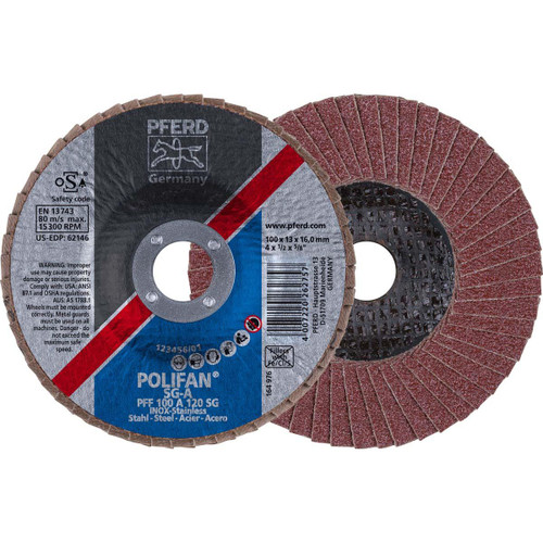 PFERD 62146 FLAP DISC,AL/OXD,120 GRIT,T27,4"X5/8"