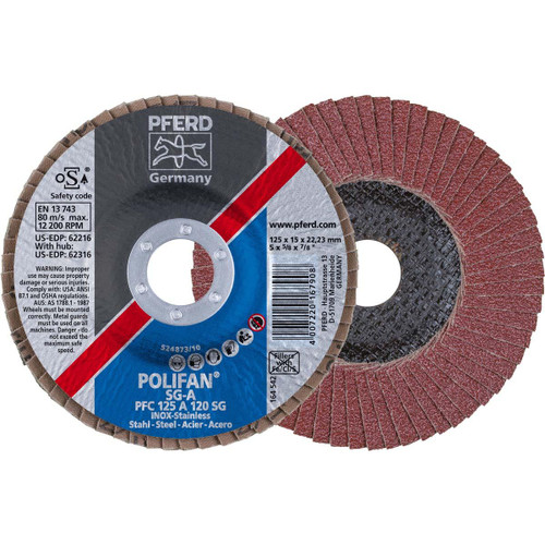 PFERD 62216 FLAP DISC,AL/OXD,120 GRIT,T29,5"X7/8"
