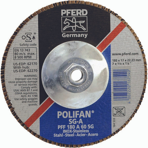 PFERD 62270 FLAP DISC,FLAT,AL/OXD,60 GRIT,7"X5/8-11"