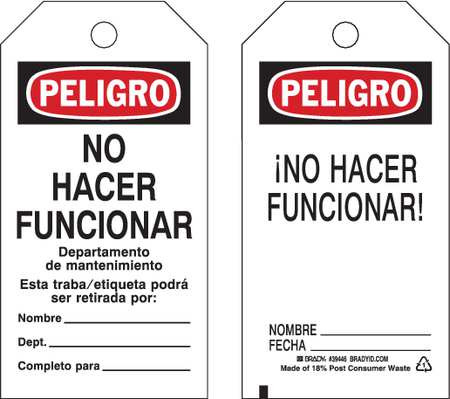 BRADY SPC ABSORBENTS 39446 DANGER TAG PELIGRO ECON POLY PK25