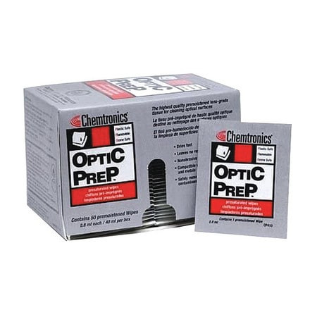 CHEMTRONICS CP410 OPTICAL WIPES,8 1/4" X 4",50 CT,PK50