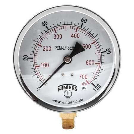 WINTERS PEM223LF GAUGE,PRESSURE,0 TO 100 PSI,4 IN.