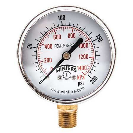 WINTERS PEM216LF GAUGE,PRESSURE,0 TO 200 PSI,2-1/2 IN.