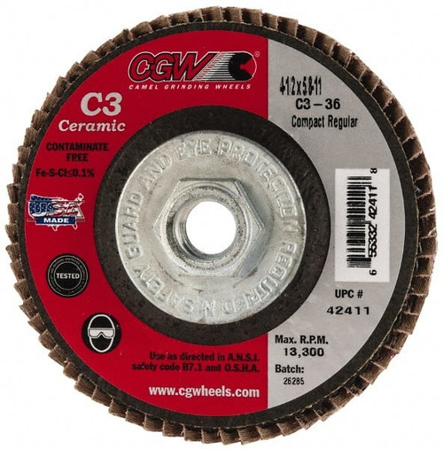 CGW ABRASIVES 42411 FLAP DISC,4.5X5/8-11,C3 CMPCT CER RG,36G
