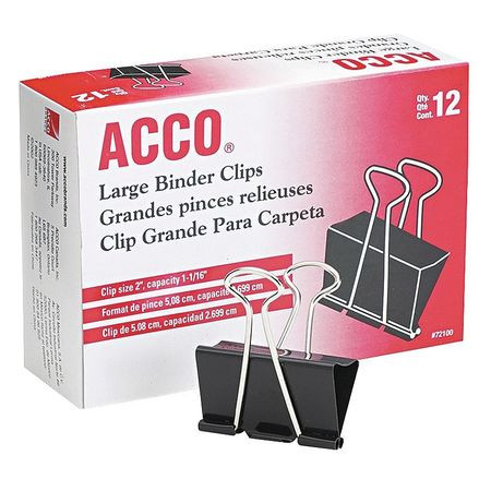 ACCO BRANDS USA LLC ACC72100 BINDER CLIP,BLACK; SILVER,2 " W,PK12