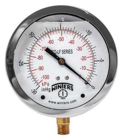 WINTERS PFQ700LF GAUGE,PRESSURE,4IN.,30IN. HG VAC TO 0