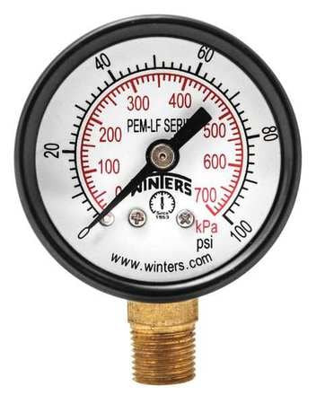 WINTERS PEM1320LF GAUGE,PRESSURE,1-1/2IN.,0 TO 100 PSI