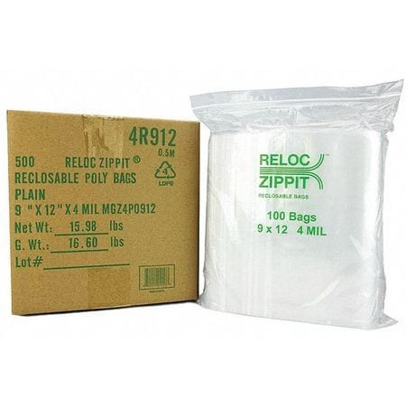 RELOC ZIPPIT 4R912 RECLOSABLE BAG 9IN.L 12IN.W CLEAR PK500