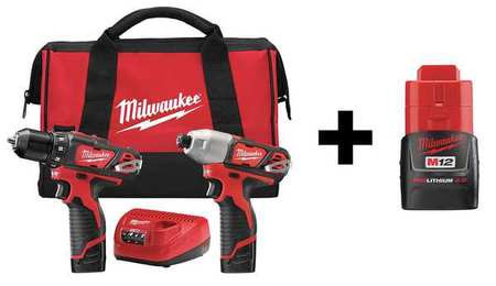 MILWAUKEE ELECTRIC TOOLS 7DF48 CORDLESS COMBO KIT,12.0 V,2 TOOLS,3 BATT