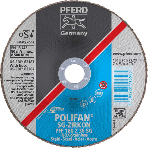 PFERD 62187 POLIFAN FLAP DISC,SG-Z-36,TYPE27,7"X7/8"