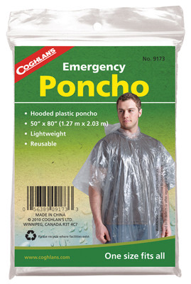COGHLAN'S LTD 9173 EMERGENCY PONCHO, CLEAR POLYETHYLENE, ON