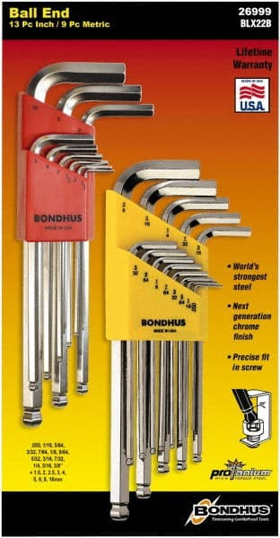 BONDHUS 26999 22 PIECE L-KEY BALL END HEX KEY SET