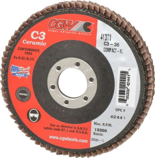 CGW ABRASIVES 42441 FLAP DISC,4.5X7/8,C3,CMPCT CER,XL,36G
