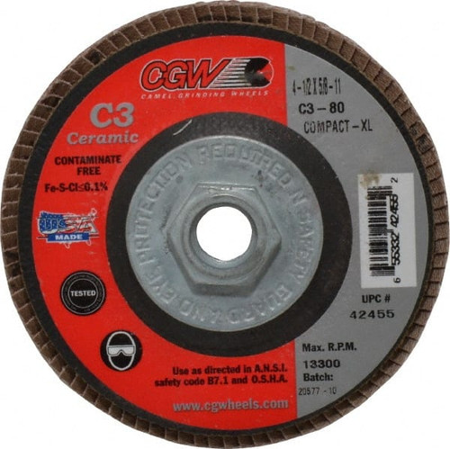 CGW ABRASIVES 42455 FLAP DISC,4.5X5/8-11,C3 CMPCT CER XL,80G