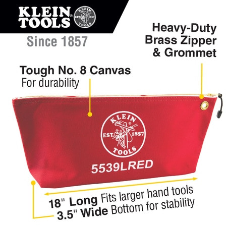 KLEIN TOOLS 5539LRED ZIPPER BAG, LARGE CANVAS TOOL POUCH, 18-