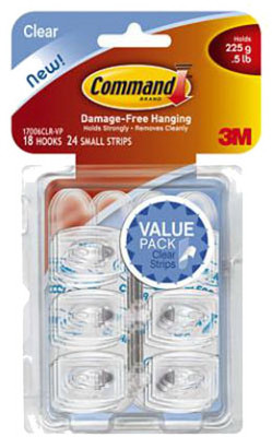 3M 17006CLR-18ES CLEAR HOOKS W/ ADHESIVE STRIPS, 18-HOOK 