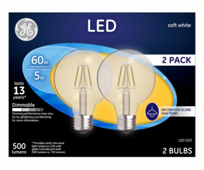 GENERAL ELECTRIC 23344 LED GLOBE LIGHT BULBS, SOFT WHITE, CLEAR