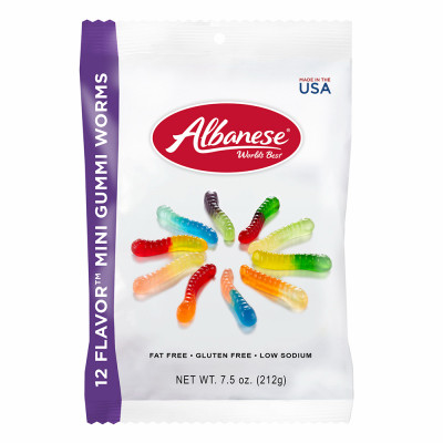 ALBANESE CONFECTIONERY GROUP 53350 MINI GUMMI WORMS, 12 ASSORTED FLAVORS, 7