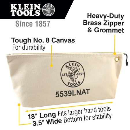 KLEIN TOOLS 5539LNAT ZIPPER BAG, LARGE CANVAS TOOL POUCH, 18-