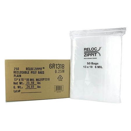 RELOC ZIPPIT 6R1318 BAG POLY RECLOSABLE 6 MIL 13 X 18 PK250