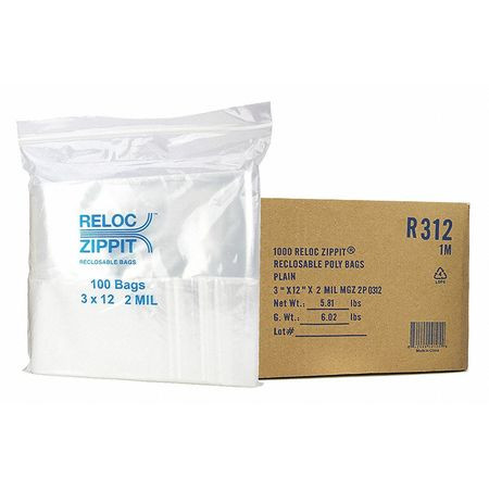 RELOC ZIPPIT R312 CLEAR RECLOSABLE BAGS 2MIL 3 X12 PK1000