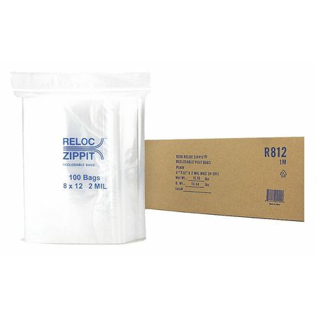 RELOC ZIPPIT R812 CLEAR RECLOSABLE BAGS 2MIL 8 X12 PK1000