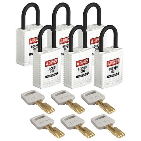 BRADY SPC ABSORBENTS CPT-WHT-25PL-KD6PK LOCKOUT PADLOCK, KEYED DIFFERENT, NYLON,