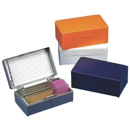 GLOBE SCIENTIFIC 513072AST MICROSCOPE SLIDE BOX,BLUE/GRAY/OR/WT,PK5
