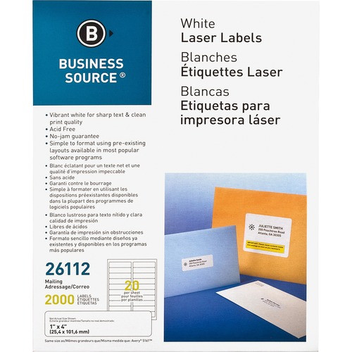 BUSINESS SOURCE 26112 MAILING LABELS,LASER,1X4",2000/PK,WHITE