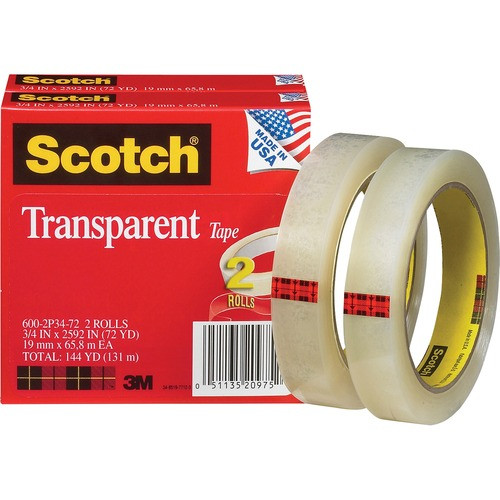 3M 600-2P34-72 3M  TRANSPARENT TAPE, 3" CORE, 3/4"X2592