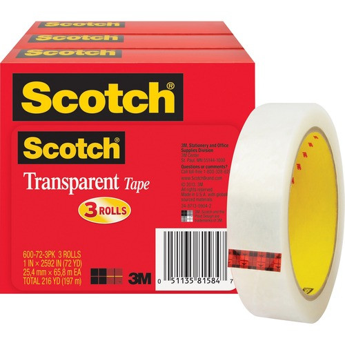 3M 600-72-3PK 3M  TRANSPARENT TAPE, 3" CORE, 1"X 72 YD