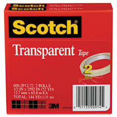 3M COMPANY 600-2P12-72 TRANSPARENT TAPE, 600 2P12 72,1/2"X2592"